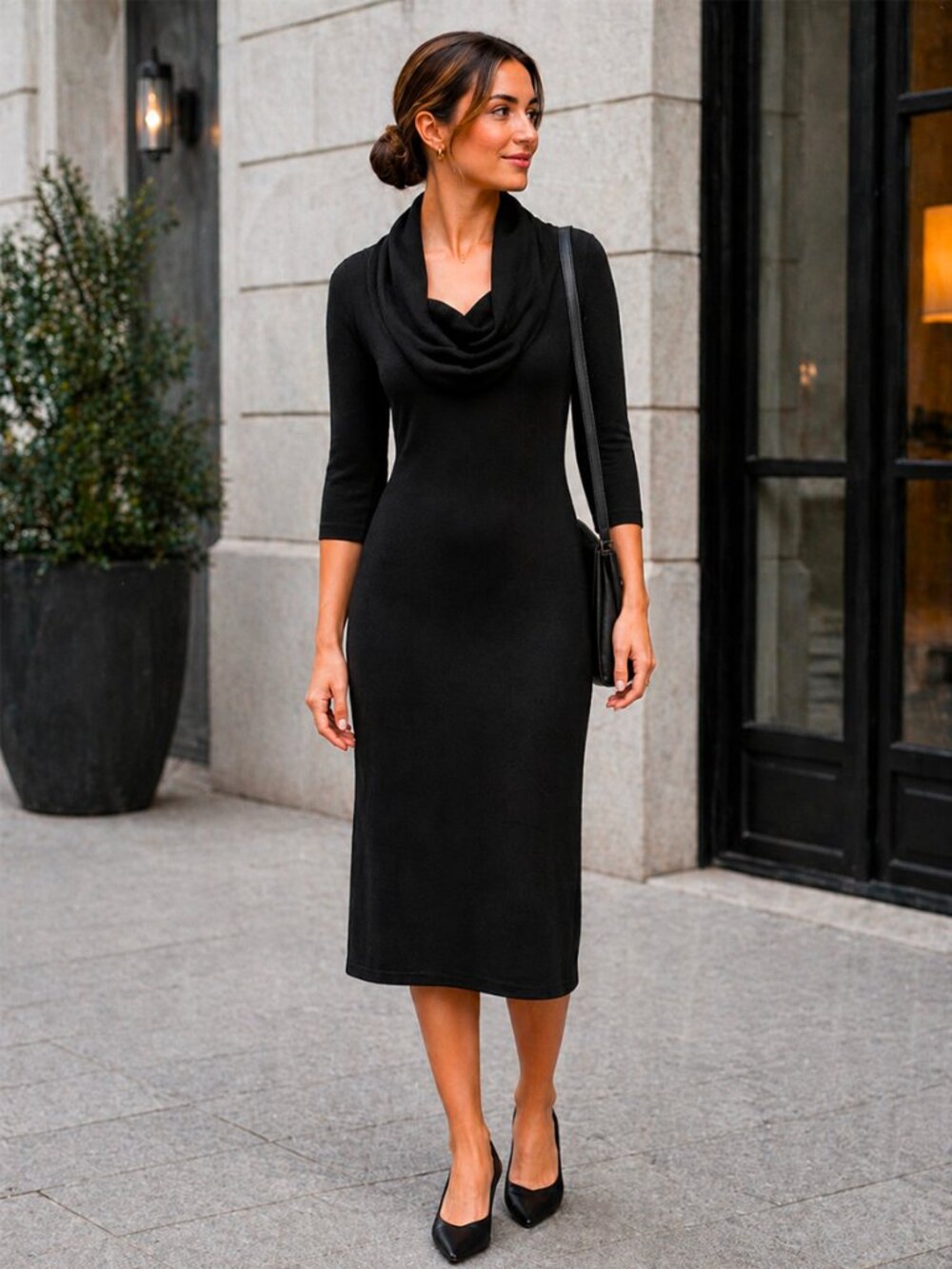 Connected Apparel Black Cowl Neck Sweater Dress Small